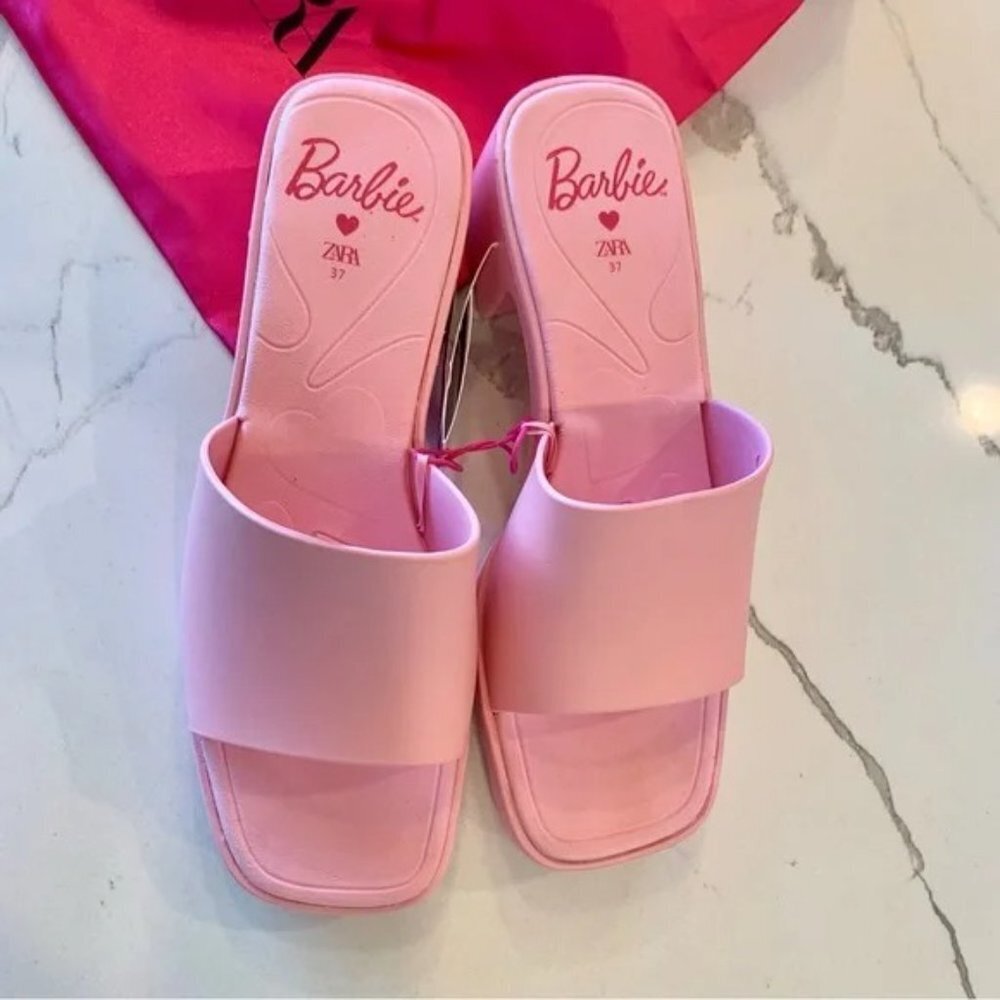 π Barbie x ZARA Pink Rubber Slides Heeled Sandals 6.5 37 - Picture 8 of 12